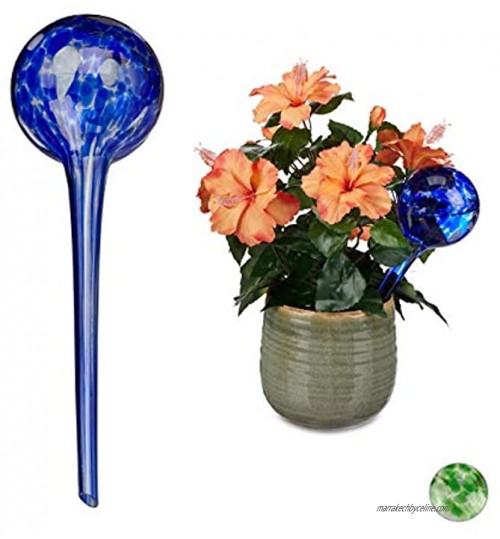 Relaxdays 10030004_45 Globes d’arrosage Lot de 2 Distributeur Eau Plantes et Fleurs Outil de Bureau Ø 9 cm Verre Bleu