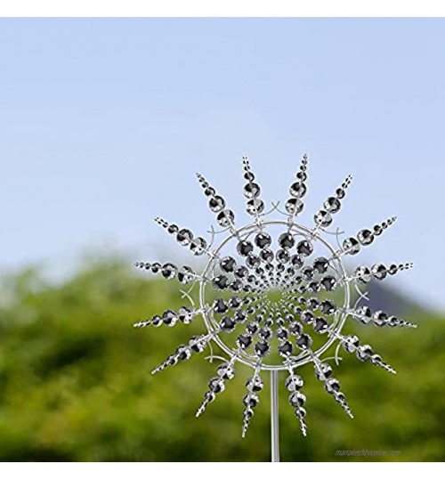 Moulin à vent en métal unique et magique sculpture cinétique 3D à énergie éolienne peut s'épanouir et se fermer mobile à vent cinétique en métal avec piquet de jardin en métal Blanc-33,8 cm