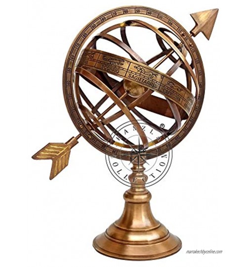 Hanzla Collection Sphère armillaire entièrement en laiton avec cadran solaire et flèche nautique antique 25,4 cm