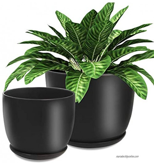 Set de 2 pots de fleurs en céramique 5.9 et 6.9in avec palette plateaux pour balcon bureau décoration de la maison pots de fleurs en céramique pots de fleurs pot de plantes-Noir