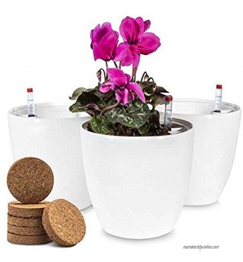 ZENAKIO Lot de 3 Pots de Fleurs avec Cache Pot à Réserve d'eau et 6 Pastilles de Coco Incluses Blancs Pot de Fleur Interieur ou Exterieur avec Indicateur de Niveau d’Eau Pot Plante
